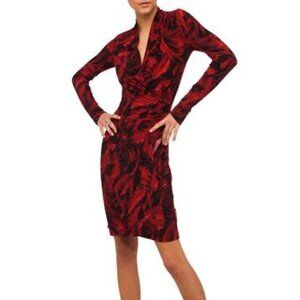 Norma Kamali Faux Wrap jersey faux knit wrap dress feather red black shift Large